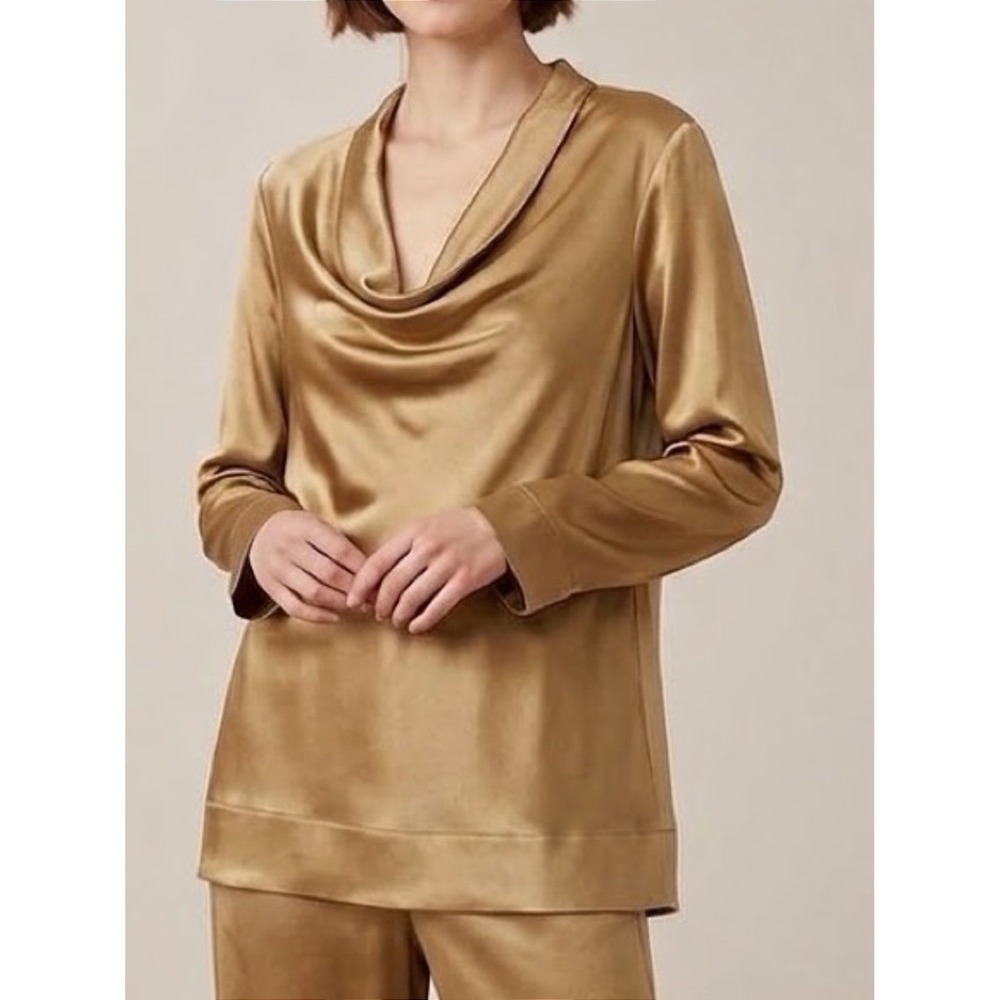 Frette Italy Silk Tan / Gold Cowl Neckline Long‎ Sleeve Nightgown Women's Size S